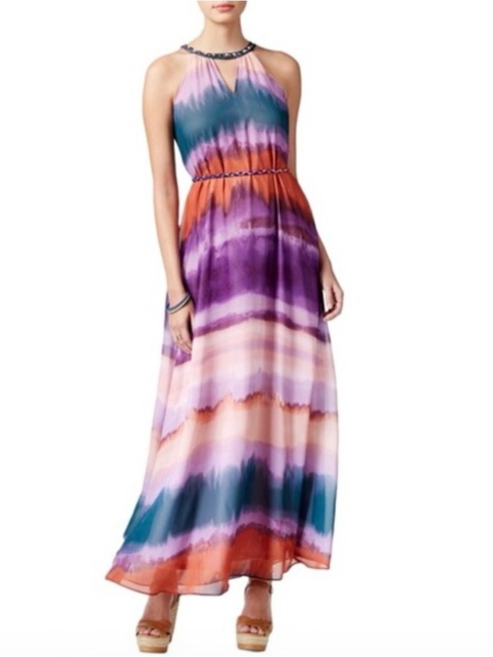 Jessica Simpson Teal Purple Orange Halter Tie-Dye Maxi Dress